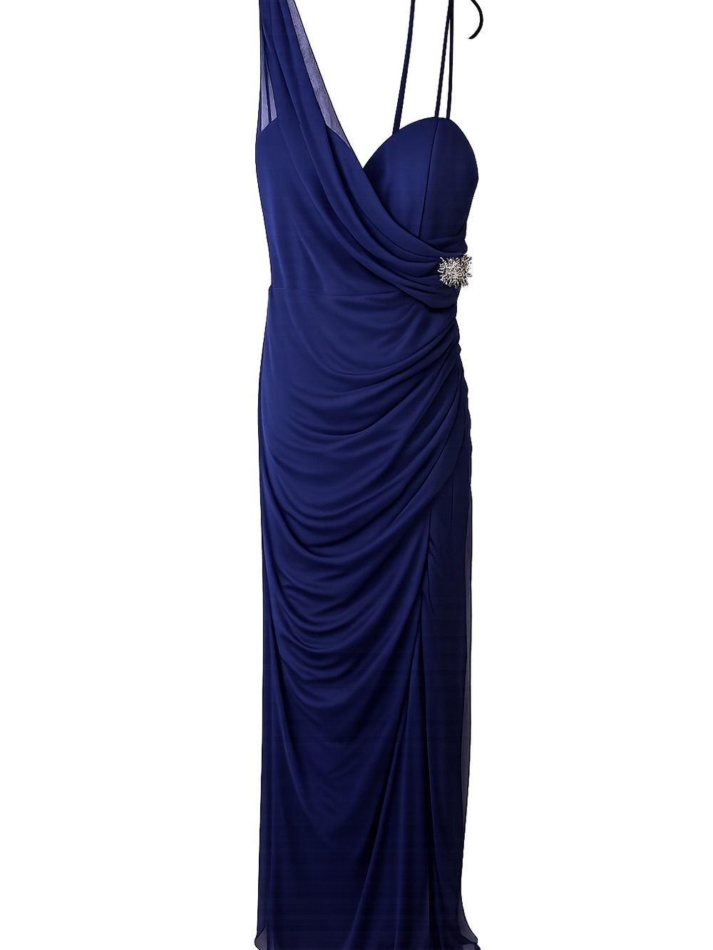 Onyx Navy One-Shoulder Ruched Evening Gown with Brooch